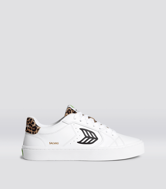 SALVAS White Leather Black Logo Leopard Print Sneaker