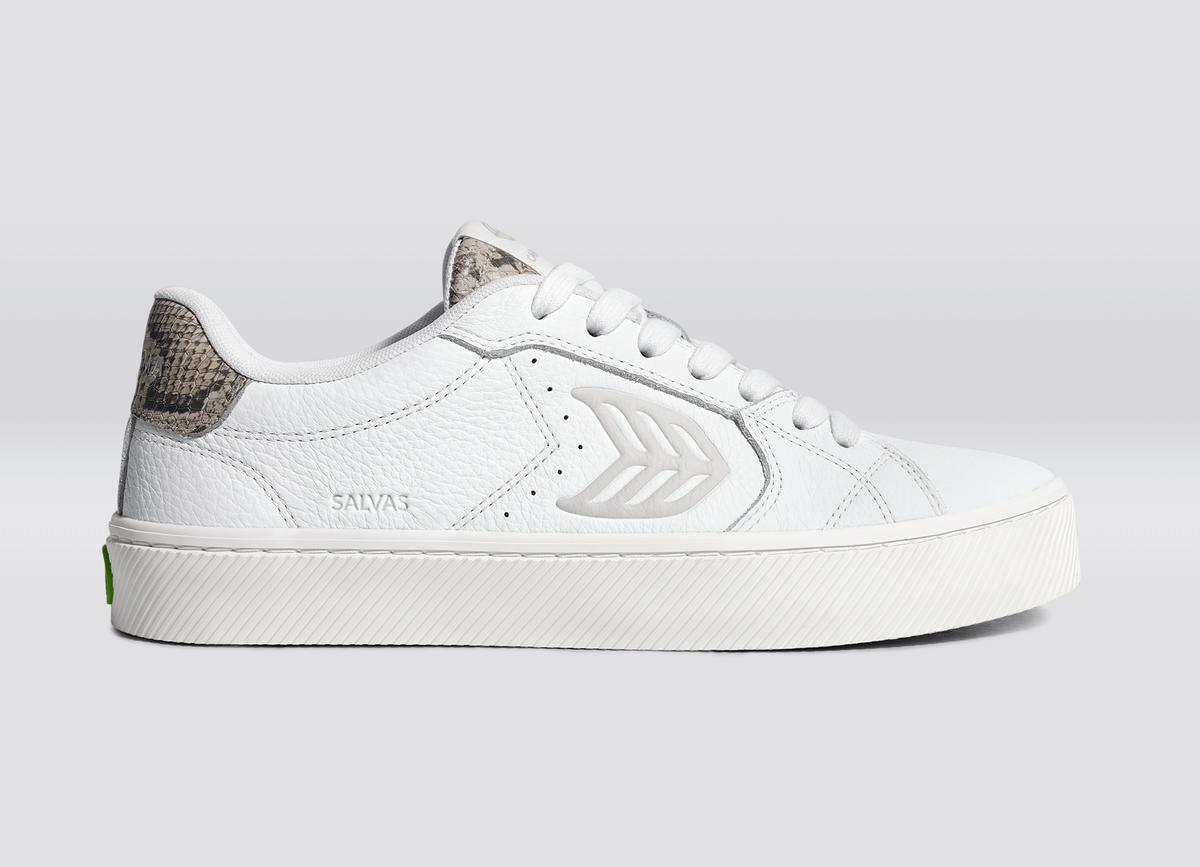 SALVAS White Leather Silver Cloud Logo Snake Skin Print Sneaker