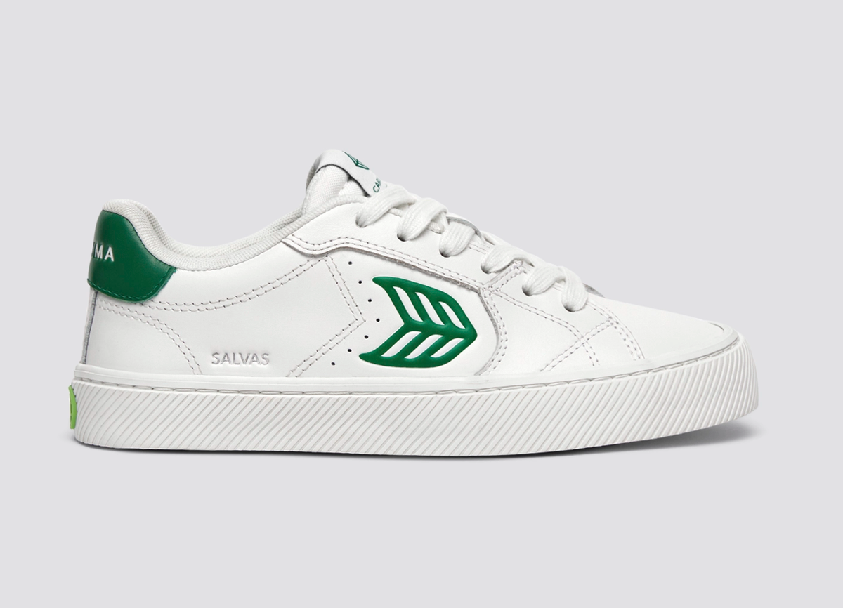 SALVAS White Leather Abundant Green Logo Sneaker