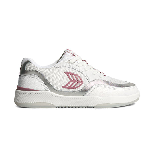 UBA White Leather and Suede Blush Pink Logo Silver Accents Sneaker